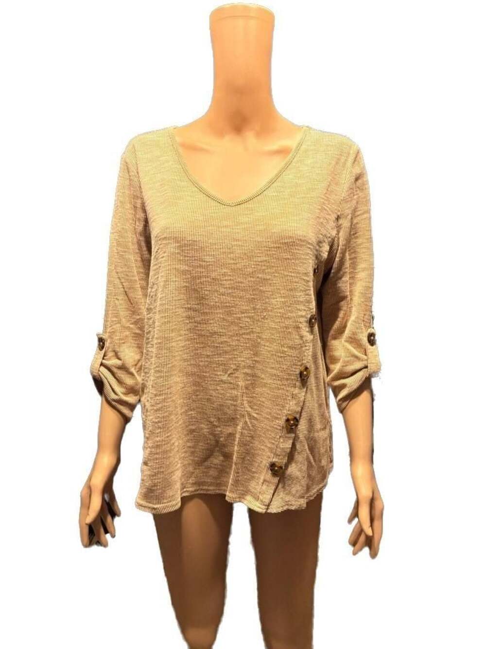 All in Love Women's Size L Striped V-Neck Button Detail Top